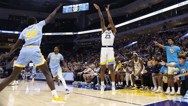 Nov 28, 2023; Milwaukee, Wisconsin, USA; Marquette Golden Eagles forward David Joplin (23) shoots during the second half against the Southern Jaguars at Fiserv Forum. Mandatory Credit: Jeff Hanisch-USA TODAY Sports