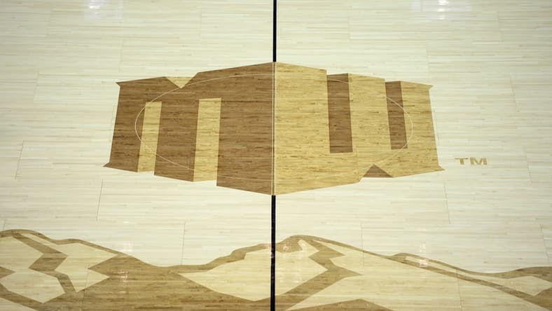 Mar 5, 2020; Las Vegas, Nevada, USA; A detailed view of the midcourt logo during the first half of a Mountain West Conference tournament game between the UNLV Rebels and Boise State Broncos at Thomas Mack Center. Mandatory Credit: Orlando Ramirez-USA TODAY Sports