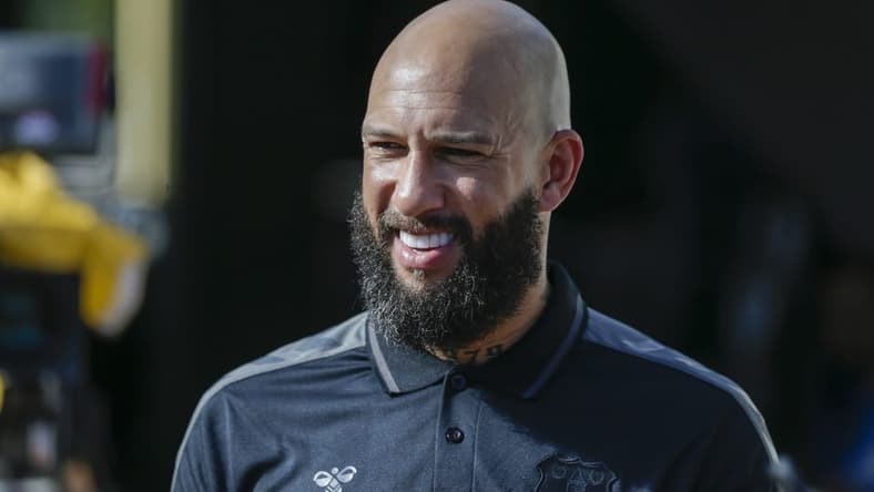 Jul 25, 2021; Orlando, Florida, USA; Former Everton goalkeeper Tim Howard attends the game between Everton and Millonarios during a 2021 Florida Cup semifinal soccer match at Camping World Stadium. Mandatory Credit: Sam Navarro-USA TODAY Sports