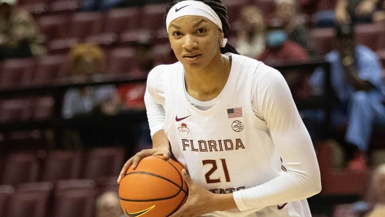 Florida State Seminoles forward Makayla Timpson (21) looks for an opening during a game between FSU and Jacksonville University at Donald L. Tucker Civic Center Thursday, Nov. 18, 2021.

Fsu Vs Jacksonville Womens Basketball 111821 Ts 934