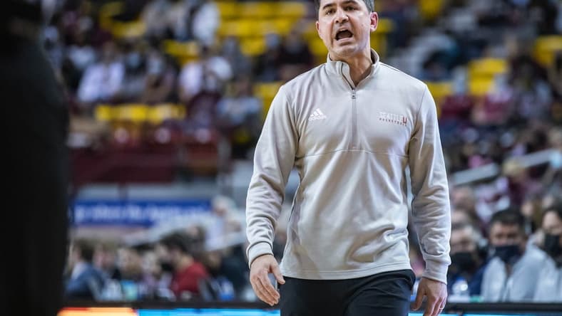 Seattle head coach Chris Victor talks to his players as the New Mexico State Aggies face off against the Seattle Red Hawks at the Pan American Center in Las Cruces on Saturday, Feb. 5, 2022.
Nmsu Su 23