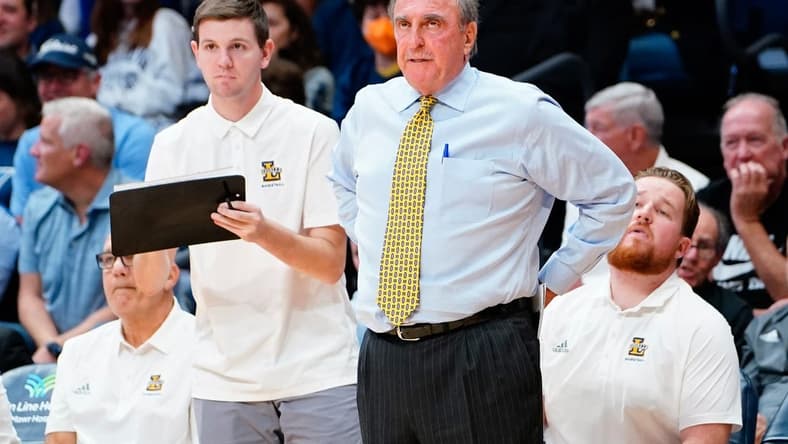 Nov 7, 2022; Villanova, Pennsylvania, USA; La Salle Explorers head coach Fran Dunphy looks on from the bench during the second half against the Villanova Wildcats at William B. Finneran Pavilion. Mandatory Credit: Gregory Fisher-USA TODAY Sports