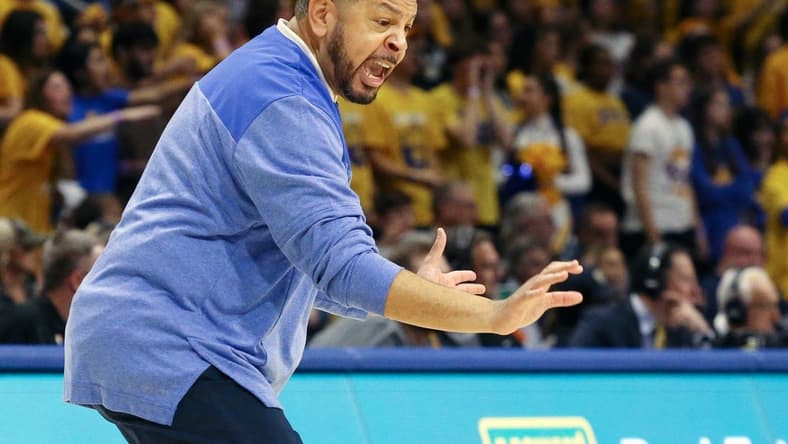 Nov 11, 2022; Pittsburgh, Pennsylvania, USA; Pittsburgh Panthers head coach Jeff Capel reacts against the West Virginia Mountaineers during the first half at the Petersen Events Center. West Virginia won 81-56. Mandatory Credit: Charles LeClaire-USA TODAY Sports