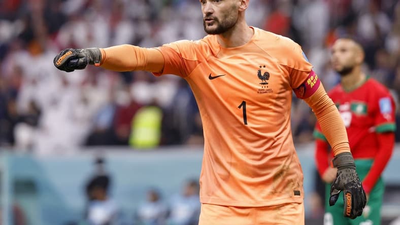 Dec 14, 2022; Al Khor, Qatar; France goalkeeper Hugo Lloris (1) gestures against Morocco during the first half of a semifinal match during the 2022 World Cup at Al Bayt Stadium. Mandatory Credit: Yukihito Taguchi-USA TODAY Sports