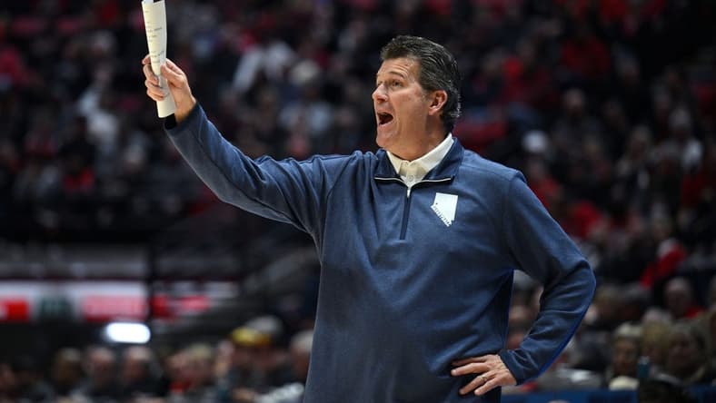 Jan 10, 2023; San Diego, California, USA; Nevada Wolf Pack head coach Steve Alford gestures during the first half against the San Diego State Aztecs at Viejas Arena. Mandatory Credit: Orlando Ramirez-USA TODAY Sports