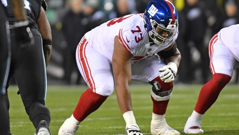 Jan 8, 2023; Philadelphia, Pennsylvania, USA; New York Giants offensive tackle Evan Neal (73) against the Philadelphia Eagles at Lincoln Financial Field. Mandatory Credit: Eric Hartline-USA TODAY Sports