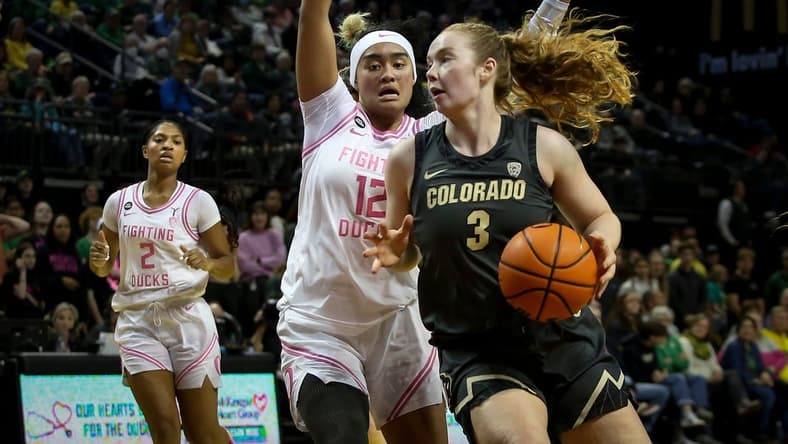 Colorado guard Frida Formann looks to pass under coverage from Oregon guard Te-Hina Paopao as the Oregon Ducks host the Colorado Buffaloes Friday, Feb. 3, 2023 at Matthew Knight Arena in Eugene, Ore.
Ncaa Womens Basketball Oregon Wbb Colorado Colorado At Oregon