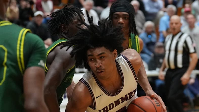 Dylan Harper of Don Bosco comes down with the rebound in the first half as Don Bosco defeated St. Joseph 60-43 to win the semi final in the Bergen Jamboree played in Hackensack, NJ on February 11, 2023.
Don Bosco Defeated St Joseph 60 43 To Win The Semi Final In The Bergen Jamboree Played In Hackensack Nj On February 11 2023