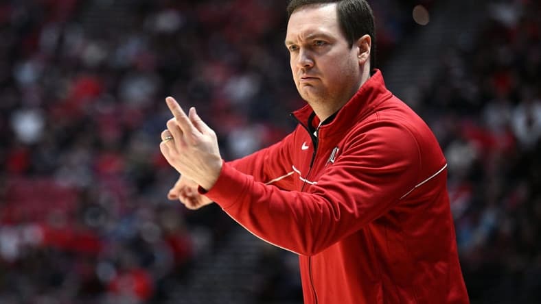 Feb 11, 2023; San Diego, California, USA; UNLV Rebels head coach Kevin Kruger gestures during the first half against the San Diego State Aztecs at Viejas Arena. Mandatory Credit: Orlando Ramirez-USA TODAY Sports