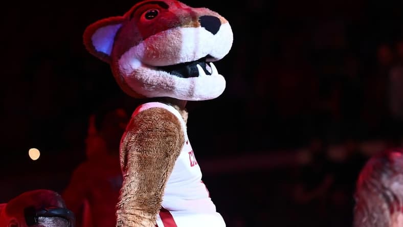 Feb 16, 2023; Pullman, Washington, USA; Washington State Cougars mascot Butch performs before a men s basketball game against the Oregon State Beavers at Friel Court at Beasley Coliseum. Mandatory Credit: James Snook-USA TODAY Sports