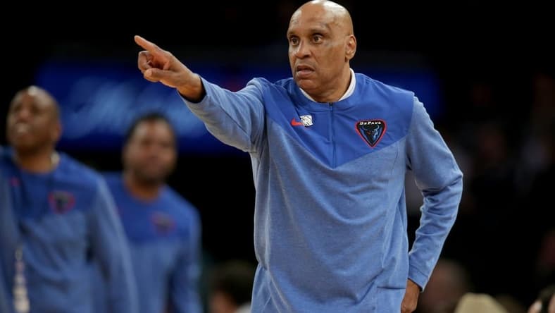Mar 9, 2023; New York, NY, USA; DePaul Blue Demons head coach Tony Stubblefield coaches against the Xavier Musketeers during the first half at Madison Square Garden. Mandatory Credit: Brad Penner-USA TODAY Sports
