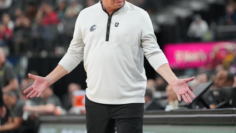 Mar 9, 2023; Las Vegas, NV, USA; Washington State Cougars head coach Kyle Smith reacts to a call in favor of the Oregon Ducks during the second half at T-Mobile Arena. Mandatory Credit: Stephen R. Sylvanie-USA TODAY Sports