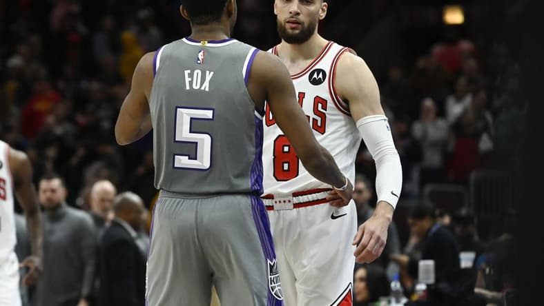 Mar 15, 2023; Chicago, Illinois, USA; Sacramento Kings guard De'Aaron Fox (5) and Chicago Bulls guard Zach LaVine (8) talk after the game at the United Center. Mandatory Credit: Matt Marton-USA TODAY Sports