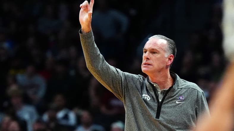 Mar 19, 2023; Denver, CO, USA; TCU Horned Frogs head coach Jamie Dixon reacts in the first half against the Gonzaga Bulldogs at Ball Arena. Mandatory Credit: Ron Chenoy-USA TODAY Sports