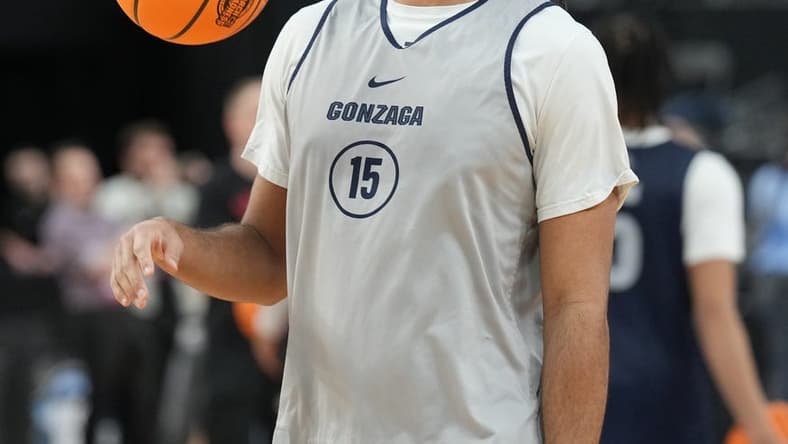Mar 22, 2023; Las Vegas, NV, USA; Gonzaga Bulldogs center Efton Reid III (15) during practice at T-Mobile Arena. Mandatory Credit: Joe Camporeale-USA TODAY Sports