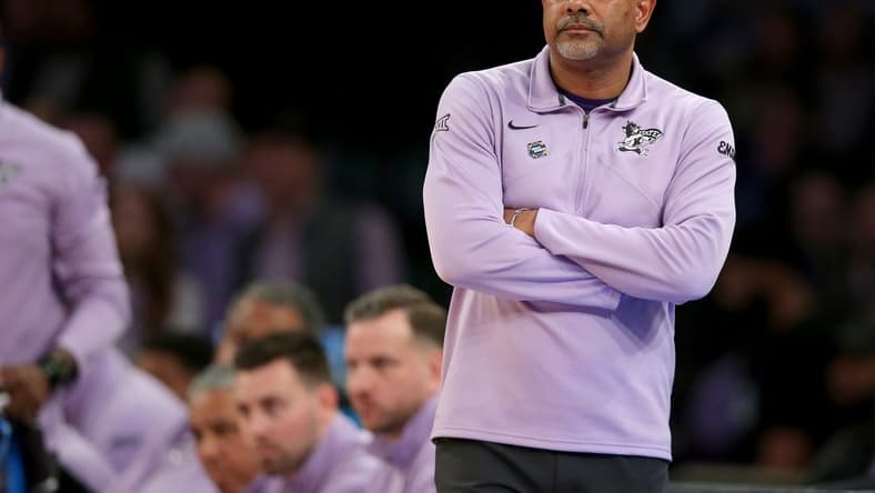 Mar 25, 2023; New York, NY, USA; Kansas State Wildcats head coach Jerome Tang coaches against the Florida Atlantic Owls during the first half at Madison Square Garden. Mandatory Credit: Brad Penner-USA TODAY Sports