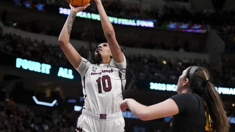 Mar 31, 2023; Dallas, TX, USA; South Carolina Gamecocks center Kamilla Cardoso (10) drives to the basket against the Iowa Hawkeyes in the second half in semifinals of the women's Final Four of the 2023 NCAA Tournament at American Airlines Center. Mandatory Credit: Kirby Lee-USA TODAY Sports