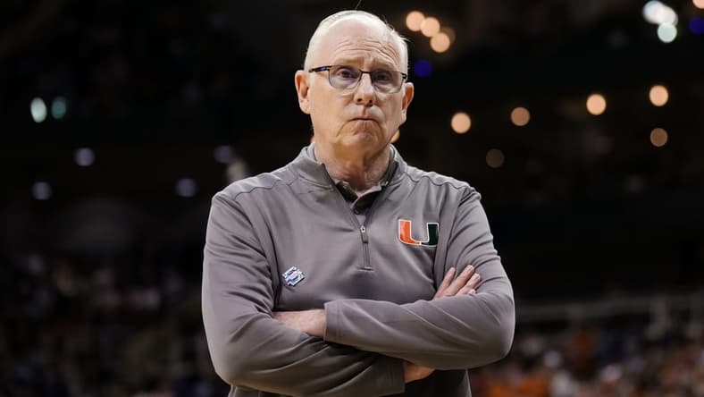 Mar 26, 2023; Kansas City, MO, USA; Miami (Fl) Hurricanes head coach Jim Larranaga reacts during the second half of an Elite 8 college basketball game in the Midwest Regional of the 2023 NCAA Tournament against the Texas Longhorns at T-Mobile Center. Mandatory Credit: Jay Biggerstaff-USA TODAY Sports