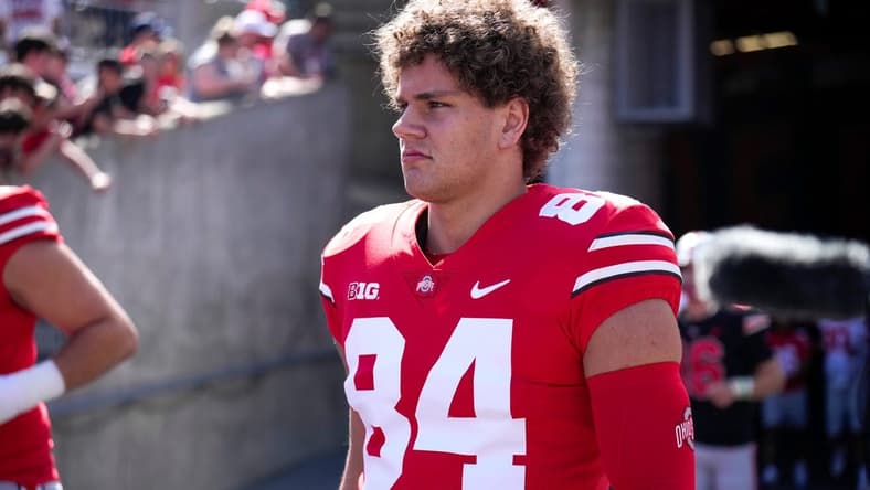 Apr 15, 2023; Columbus, Ohio, United States; Ohio State Buckeyes tight end Joe Royer (84) enters the field during warmups for the Ohio State Buckeyes spring game at Ohio Stadium on Saturday morning. Mandatory Credit: Joseph Scheller-The Columbus Dispatch
Football Ceb Osufb Spring Game Ohio State At Ohio State