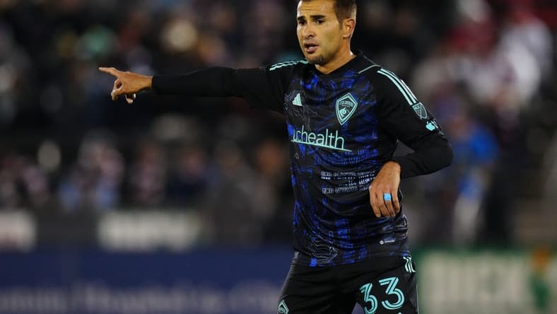Apr 22, 2023; Commerce City, Colorado, USA; Colorado Rapids defender Steven Beitashour (33) reacts during the game at Dick's Sporting Goods Park. Mandatory Credit: Ron Chenoy-USA TODAY Sports