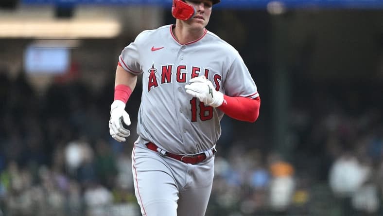 Apr 30, 2023; Milwaukee, Wisconsin, USA; Los Angeles Angels first baseman Jake Lamb (18) rounds the bases after hitting a home run against the Milwaukee Brewers in the second inning at American Family Field. Mandatory Credit: Michael McLoone-USA TODAY Sports