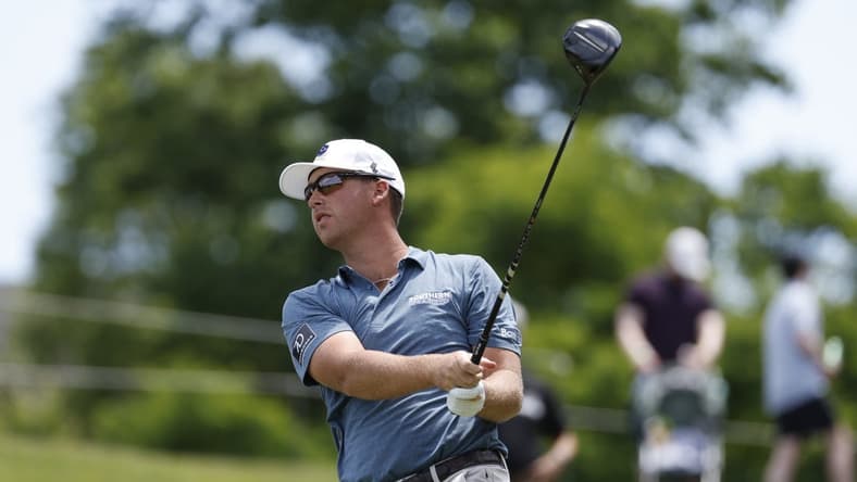 May 27, 2023; Potomac Falls, Virginia, USA; Andy Ogletree hits his tee shot on the second hole during the second round of LIV Golf Washington, D.C. golf tournament at Trump National. Mandatory Credit: Geoff Burke-USA TODAY Sports