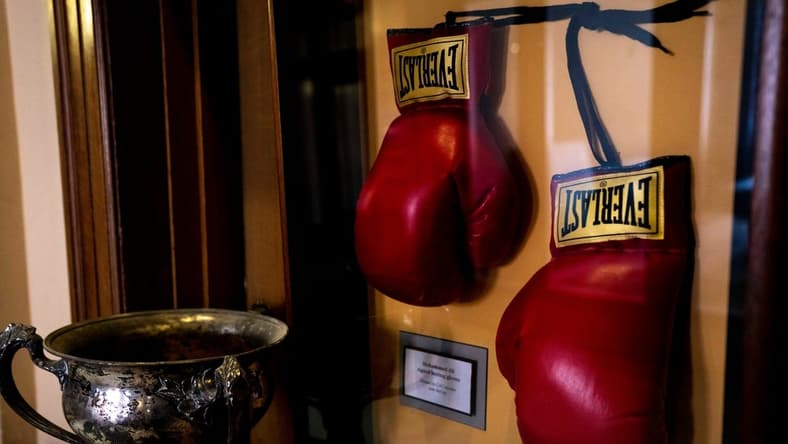 A view of signed boxing gloves by Muhammad Ali at the Dave Herche Cincinnati Athletic Club on Thursday, Jun 8, 2023 in Cincinnati.