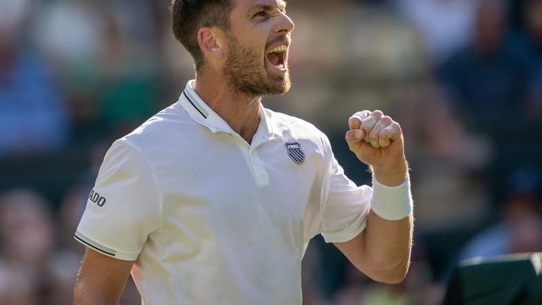 Jul 7, 2023; London, United Kingdom; Cameron Norrie (GBR) reacts to a point during his match against Christopher Eubanks (USA) on day five of Wimbledon at the All England Lawn Tennis and Croquet Club.  Mandatory Credit: Susan Mullane-USA TODAY Sports