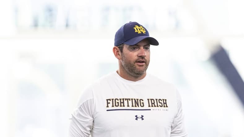 Notre Dame offensive coordinator Gerad Parker during Notre Dame Fall Camp on Wednesday, July 26, 2023, at Irish Athletics Center in South Bend, Indiana.