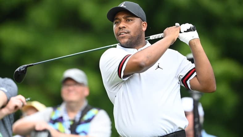 Aug 4, 2023; White Sulphur Springs, West Virginia, USA; Harold Varner III on the 9th tee during the first round of the LIV Golf event at The Old White Course. Mandatory Credit: Bob Donnan-USA TODAY Sports
