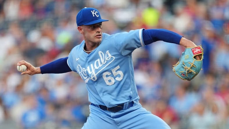 Aug 11, 2023; Kansas City, Missouri, USA; Kansas City Royals relief pitcher Dylan Coleman (65) pitches during the first inning against the St. Louis Cardinals at Kauffman Stadium. Mandatory Credit: Jay Biggerstaff-USA TODAY Sports