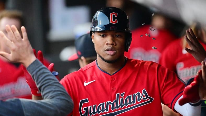 Aug 22, 2023; Cleveland, Ohio, USA; Cleveland Guardians designated hitter Oscar Gonzalez (39) celebrates after hitting a home run during the fourth inning against the Los Angeles Dodgers at Progressive Field. Mandatory Credit: Ken Blaze-USA TODAY Sports