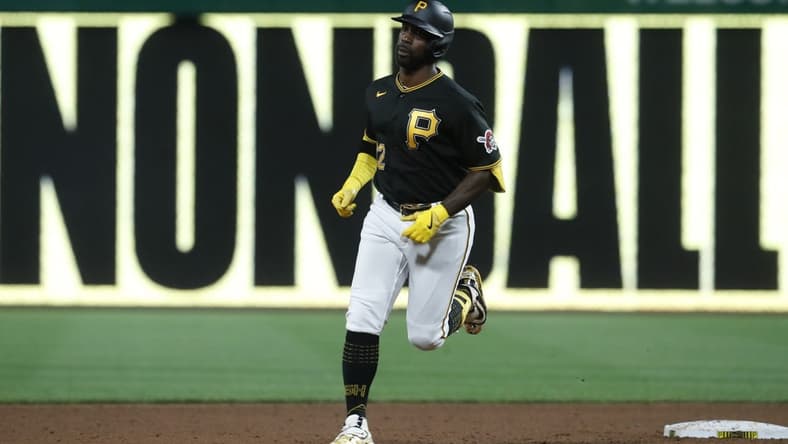 Aug 22, 2023; Pittsburgh, Pennsylvania, USA; Pittsburgh Pirates designated hitter Andrew McCutchen (22) circles the bases on a two run home run against the St. Louis Cardinals during the fifth inning at PNC Park. Mandatory Credit: Charles LeClaire-USA TODAY Sports