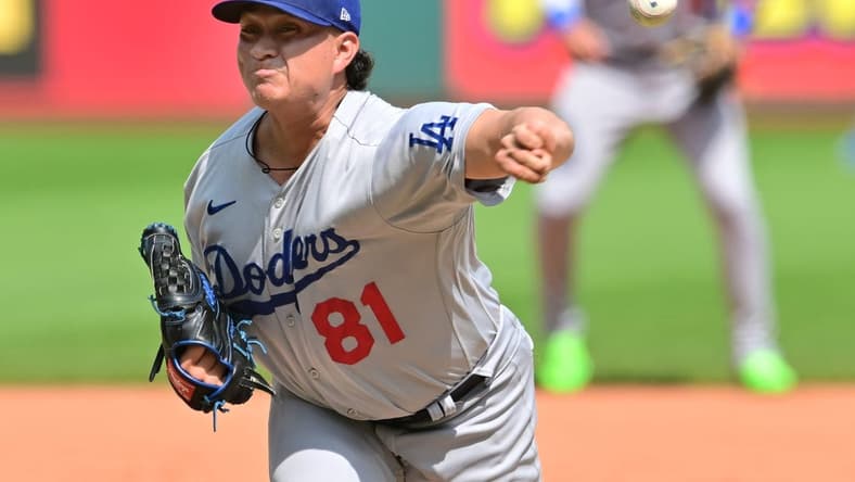 Aug 24, 2023; Cleveland, OH, USA; Los Angeles Dodgers relief pitcher Victor Gonzalez (81) throws a pitch during the third inning against the Cleveland Guardians at Progressive Field. Mandatory Credit: Ken Blaze-USA TODAY Sports