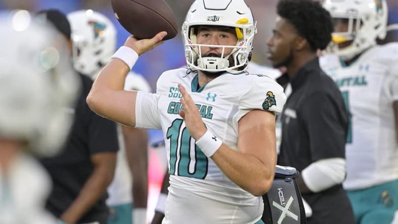 Sep 2, 2023; Pasadena, California, USA; Coastal Carolina Chanticleers quarterback Grayson McCall (10) warms up prior to the game against the UCLA Bruins at Rose Bowl. Mandatory Credit: Jayne Kamin-Oncea-USA TODAY Sports