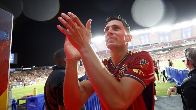 Sep 2, 2023; Sandy, Utah, USA; Real Salt Lake midfielder Damir Kreilach (8) celebrates after their 2-0 win against the Colorado Rapids at America First Field. Mandatory Credit: Jeff Swinger-USA TODAY Sports