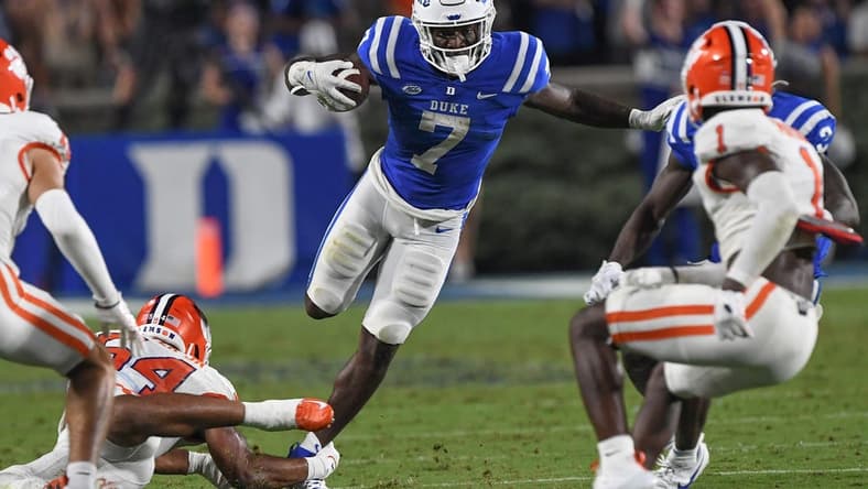 Sep 4, 2023; Durham, North Carolina, USA; Duke Blue Devils running back Jordan Waters (7) runs during the second quarter against the Clemson Tigers at Wallace Wade Stadium in Durham, N.C. Mandatory Credit: Ken Ruinard-USA TODAY Sports