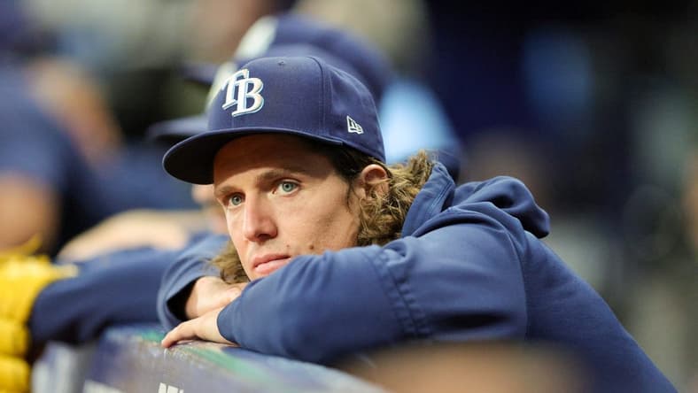 Sep 7, 2023; St. Petersburg, Florida, USA; Tampa Bay Rays starting pitcher Tyler Glasnow (20) looks on from the dugout against the Seattle Mariners in the fifth inning at Tropicana Field. Mandatory Credit: Nathan Ray Seebeck-USA TODAY Sports