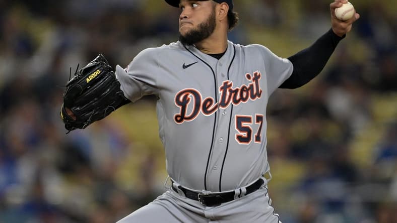 Sep 18, 2023; Los Angeles, California, USA; Detroit Tigers starting pitcher Eduardo Rodriguez (57) delivers in the first inning against the Los Angeles Dodgers at Dodger Stadium. Mandatory Credit: Jayne Kamin-Oncea-USA TODAY Sports