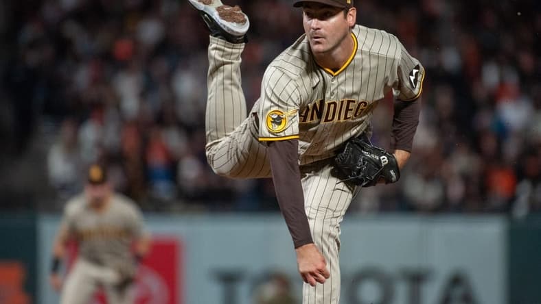 Sep 26, 2023; San Francisco, California, USA; San Diego Padres starting pitcher Seth Lugo (67) throws a pitch during the eighth inning against the San Francisco Giants at Oracle Park. Mandatory Credit: Ed Szczepanski-USA TODAY Sports