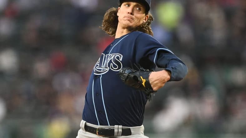 Sep 27, 2023; Boston, Massachusetts, USA; Tampa Bay Rays starting pitcher Tyler Glasnow (20) pitches against the Boston Red Sox during the first inning at Fenway Park. Mandatory Credit: Brian Fluharty-USA TODAY Sports