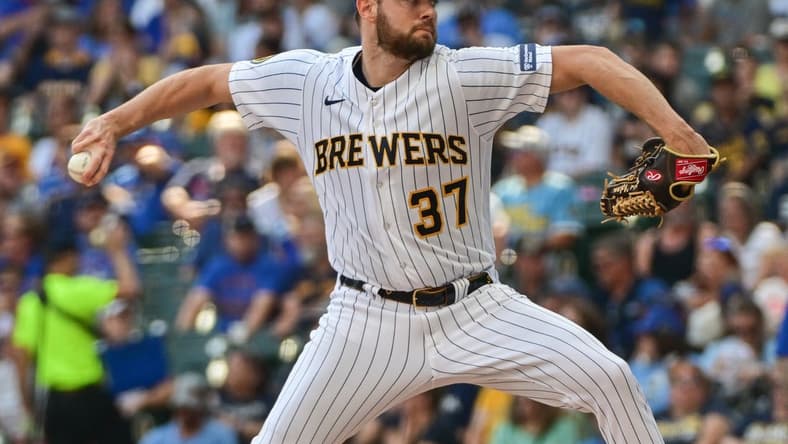 Oct 1, 2023; Milwaukee, Wisconsin, USA; Milwaukee Brewers pitcher Adrian Houser (37) pitches against the Chicago Cubs in the first inning at American Family Field. Mandatory Credit: Benny Sieu-USA TODAY Sports
