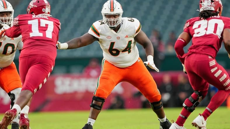 Sep 23, 2023; Philadelphia, Pennsylvania, USA; Miami Hurricanes offensive lineman Jalen Rivers (64) sets up to block in the second half against the Temple Owls at Lincoln Financial Field. Mandatory Credit: Andy Lewis-USA TODAY Sports