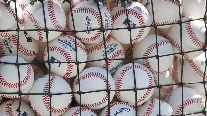 Oct 3, 2023; Minneapolis, Minnesota, USA; General view of baseball before the game between the Minnesota Twins and the Toronto Blue Jays during game one of the Wildcard series for the 2023 MLB playoffs at Target Field. Mandatory Credit: Jesse Johnson-USA TODAY Sports