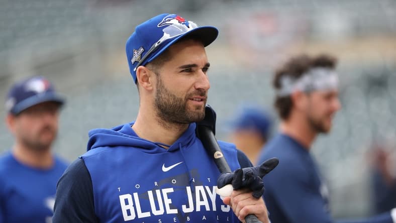 Oct 4, 2023; Minneapolis, Minnesota, USA; Toronto Blue Jays center fielder Kevin Kiermaier (39) looks on during batting practice before the game against the Minnesota Twins during game two of the Wildcard series for the 2023 MLB playoffs at Target Field. Mandatory Credit: Jesse Johnson-USA TODAY Sports