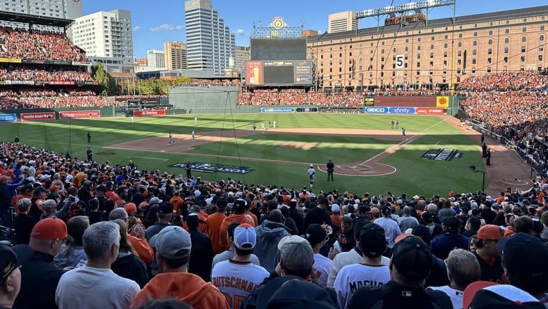Oct 7, 2023; Baltimore, Maryland, USA; A general view during the eight inning in game one of the ALDS for the 2023 MLB playoffs between the Baltimore Orioles and the Texas Rangers at Oriole Park at Camden Yards. Mandatory Credit: Mitch Stringer-USA TODAY Sports