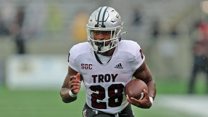 Oct 14, 2023; West Point, New York, USA; Troy Trojans running back Kimani Vidal (28) runs with the ball against the Army Black Knights during the first half at Michie Stadium. Mandatory Credit: Danny Wild-USA TODAY Sports