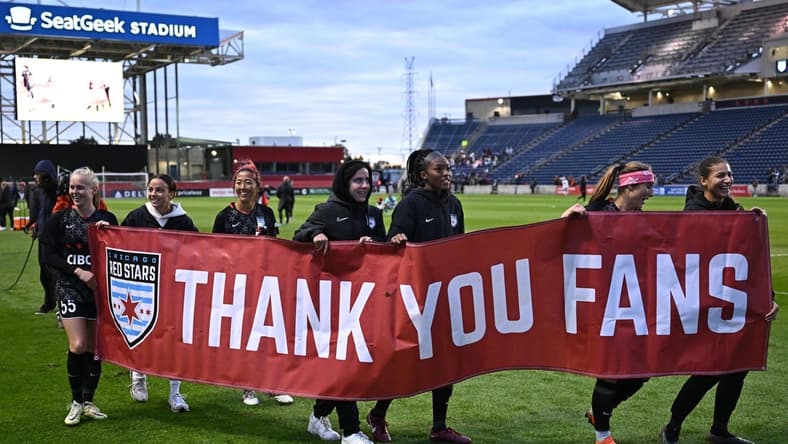 Oct 15, 2023; Bridgeview, Illinois, USA; Chicago Red Stars thank fans after the game against OL Reign at SeatGeek Stadium. Mandatory Credit: Daniel Bartel-USA TODAY Sports
