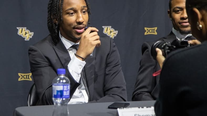 Oct 18, Kansas City, MO, USA; University of Central Florida player Shemarri Allen answers questions at the Big 12 Men s Basketball Tipoff at T-Mobile Center. Mandatory Credit: Kylie Graham-USA TODAY Sports