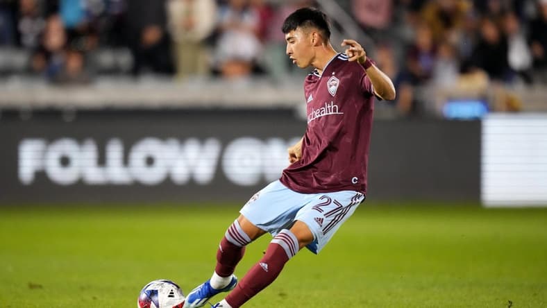 Oct 21, 2023; Commerce City, Colorado, USA; Colorado Rapids defender Sebastian Anderson (27) kicks the ball in the first half against the Real Salt Lake at Dick's Sporting Goods Park. Mandatory Credit: Ron Chenoy-USA TODAY Sports